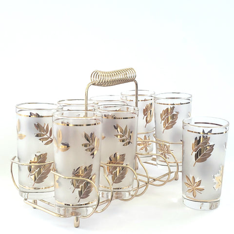 Mid Century Frosted Gold Leaves Glass Tumbler Set of 8 with Metal Carrier by Libbey