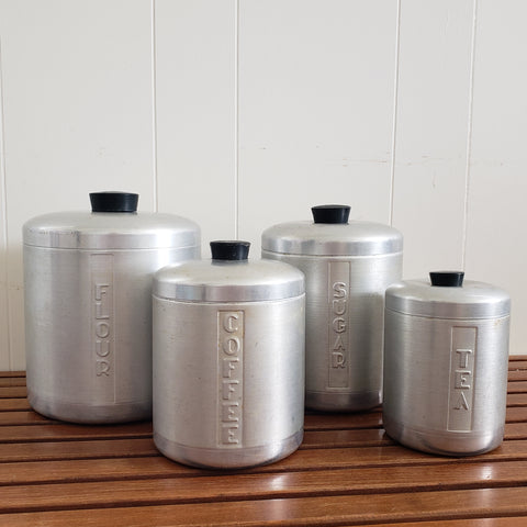 Mid-Century Retro Brushed Aluminum Kitchen Canisters - Set of 4  c. 1950's- 1960's