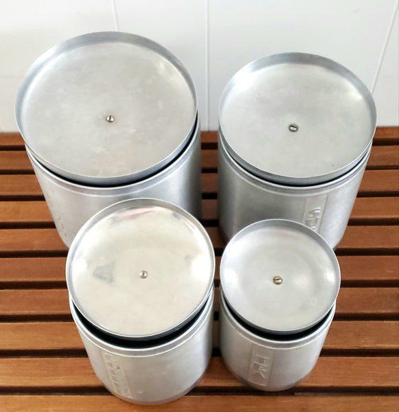 Mid-Century Retro Brushed Aluminum Kitchen Canisters - Set of 4  c. 1950's- 1960's