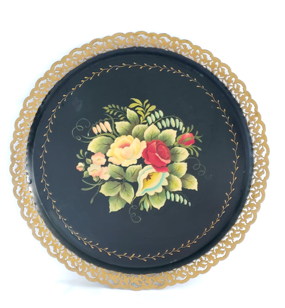 Hand Painted Round 18 inch Tole Tray Metal Open Lace Edge Lancaster PA Signed