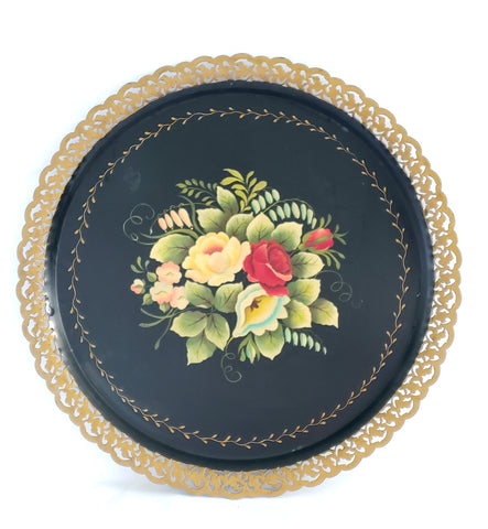 Hand Painted Round 18 inch Tole Tray Metal Open Lace Edge Lancaster PA Signed