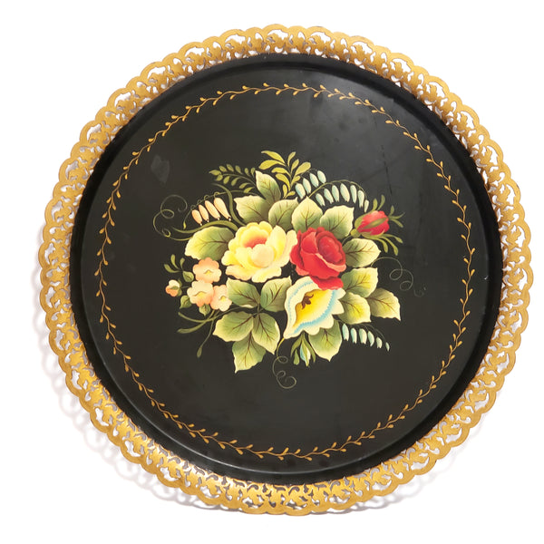 Vintage Hand-Painted Round Tole Tray Metal Open Lace Edge Lancaster PA Signed