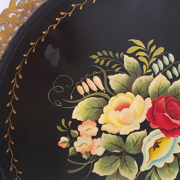 Vintage Hand-Painted Round Tole Tray Metal Open Lace Edge Lancaster PA Signed