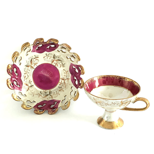 Hand Painted Porcelain Tea Cup and Saucer Magenta and Gold by Lefton #1424