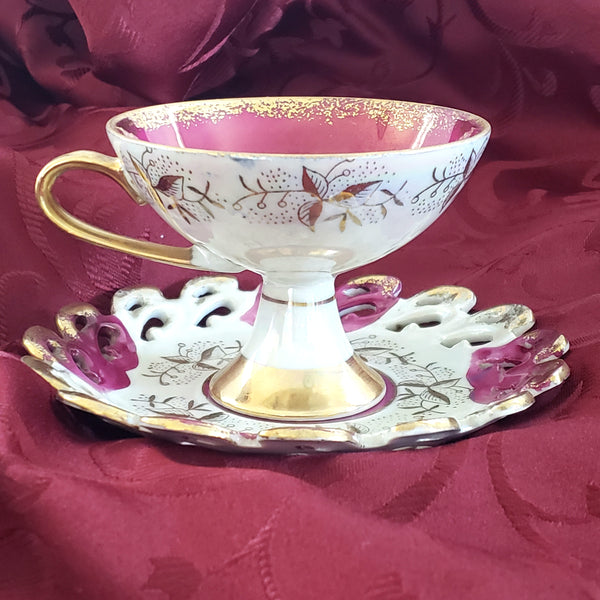Hand Painted Porcelain Tea Cup and Saucer Magenta and Gold by Lefton #1424