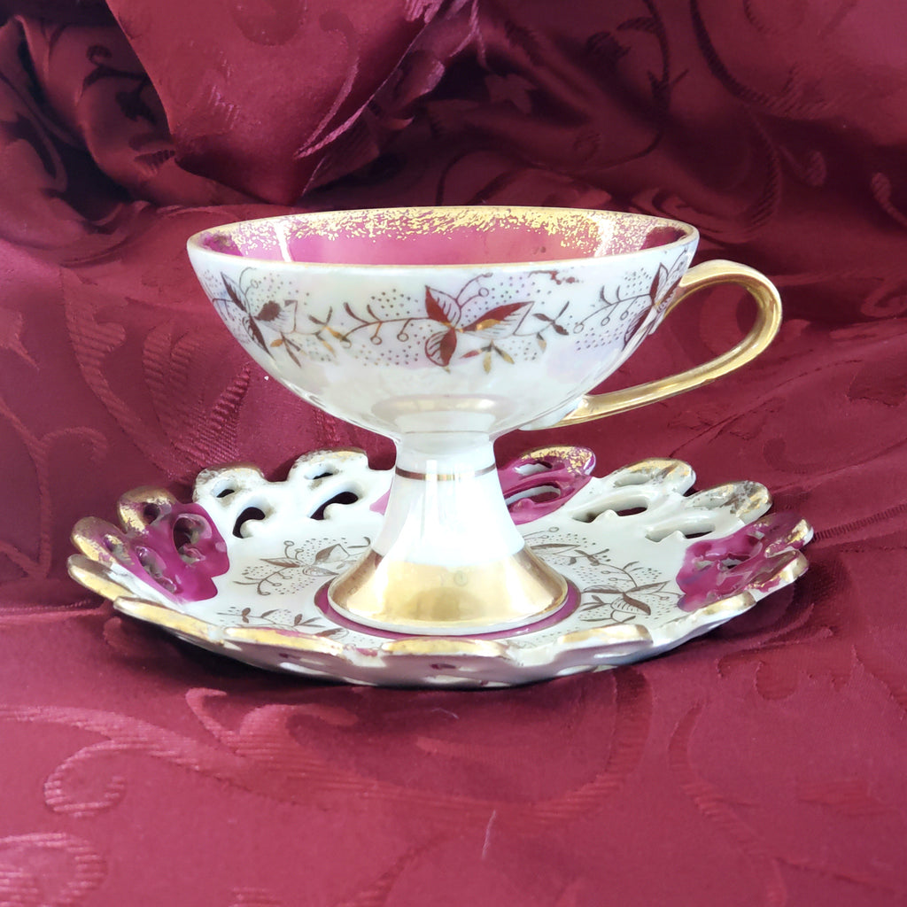 Hand Painted Porcelain Tea Cup and Saucer Magenta and Gold by Lefton  Mid Century