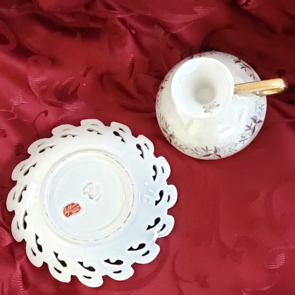 Hand Painted Porcelain Tea Cup and Saucer Magenta and Gold by Lefton #1424