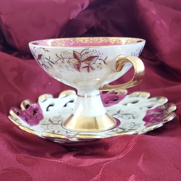 Hand Painted Porcelain Tea Cup and Saucer Magenta and Gold by Lefton #1424