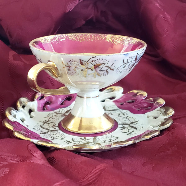 Hand Painted Porcelain Tea Cup and Saucer Magenta and Gold by Lefton #1424