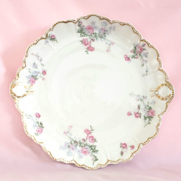 Antique Scalloped Serving Plate, Pink Roses w/Blue & White by Haviland, Limoges France