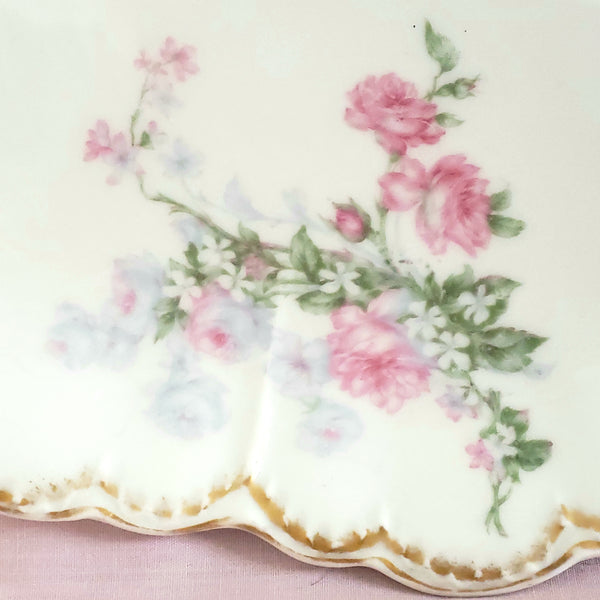 Antique Scalloped Serving Plate, Pink Roses w/Blue & White by Haviland, Limoges