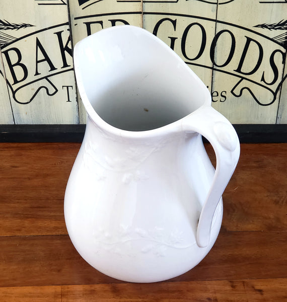 Antique 10 inch White Ironstone Pitcher Ivy Vines by Meakin & Co c. 1865-1882