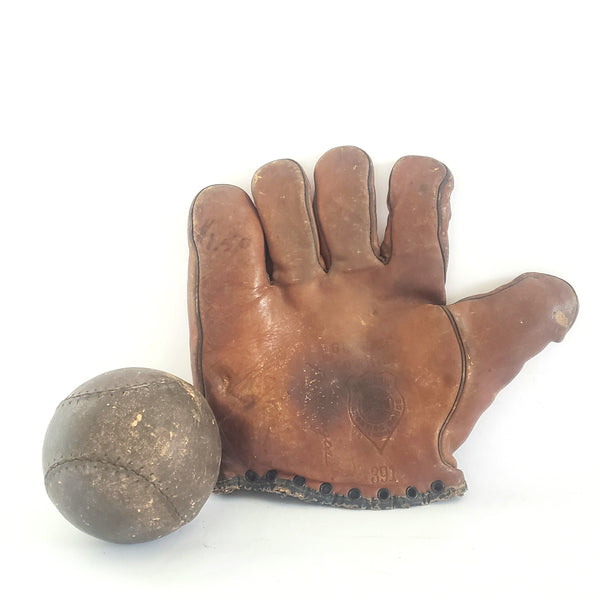 Vintage Split Finger Baseball Glove and Ball, Genuine Cowhide Bill Jurges J A Dubow 391