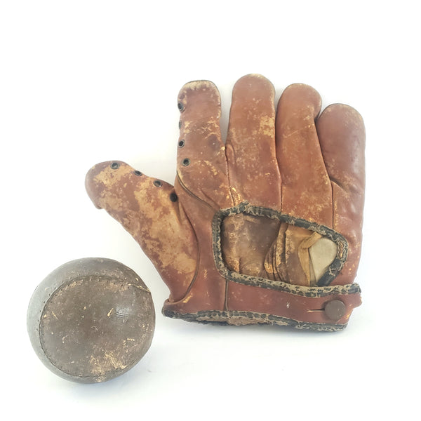 Vintage Split Finger Baseball Glove and Ball, Genuine Cowhide Bill Jurges J A Dubow 391