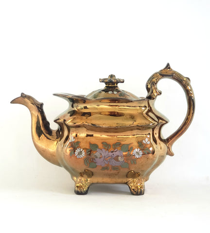 Antique Hand Painted Copper Lustre Teapot with Hand Painted Flowers