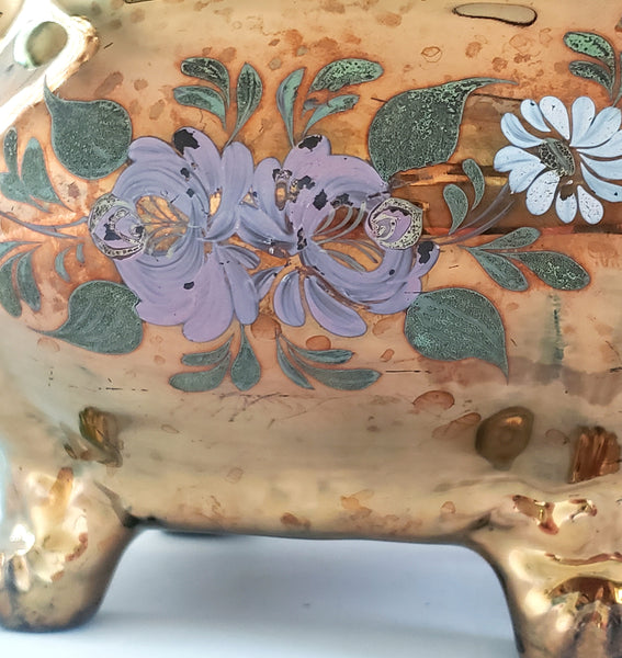 Antique Hand Painted Copper Lustre Teapot with Hand Painted Flowers