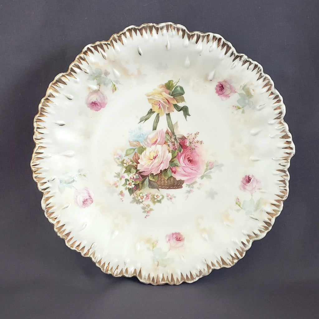 RS Prussia 8 1/2 inch Plate - Hanging Basket of Roses - Red Mark c.  Early 1900's