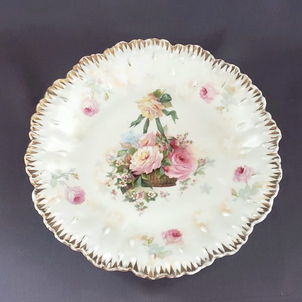 RS Prussia 8 1/2 inch Plate - Hanging Basket of Roses - Red Mark c.  Early 1900's