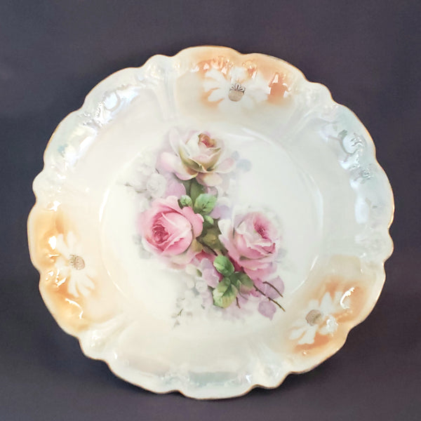 Antique Large 10 3/4 inch Serving Bowl w/ Roses and Iridescent Gloss Finish