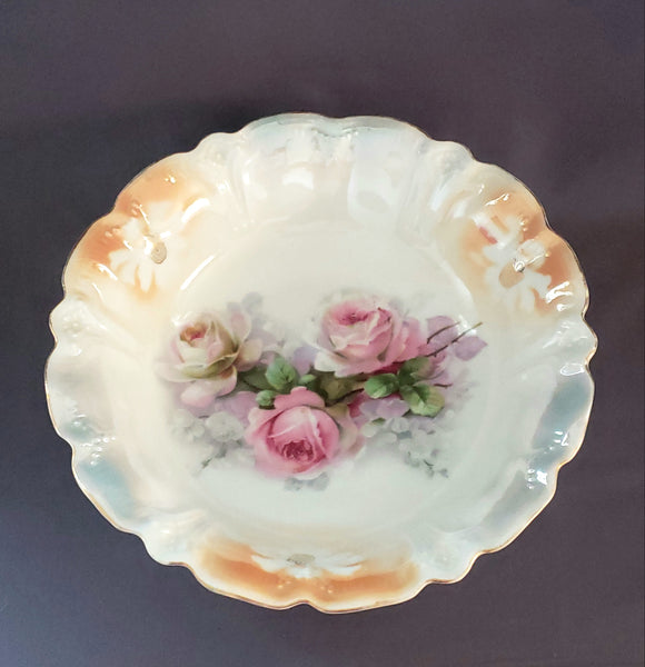 Antique Large 10 3/4 inch Serving Bowl w/ Roses and Iridescent Gloss Finish