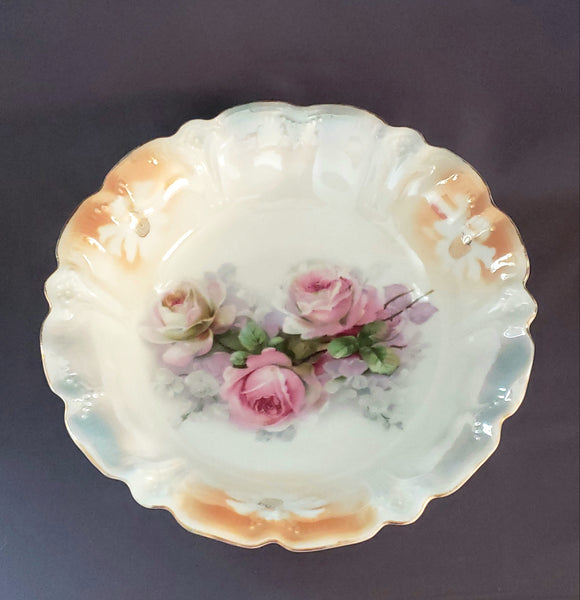 Antique Large 10 3/4 inch Serving Bowl Roses and Iridescent Gloss Finish