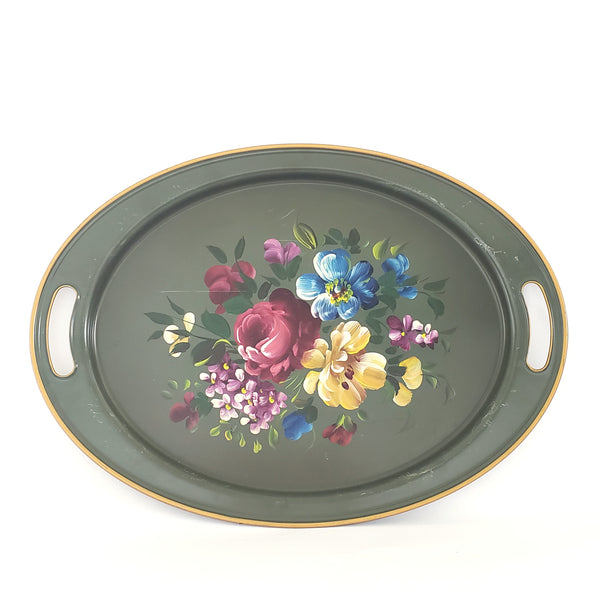 Hand Painted Oval Tole Painted Serving Tray by Nashco 19 1/2" Floral on Sage Green 