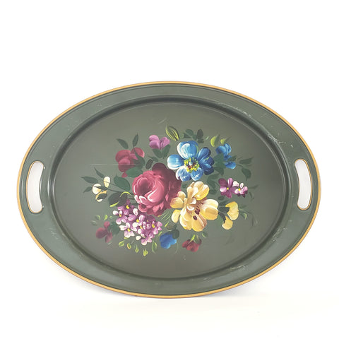 Mid Century Hand Painted Oval Serving Tray by Nashco Products Floral on Sage Green 
