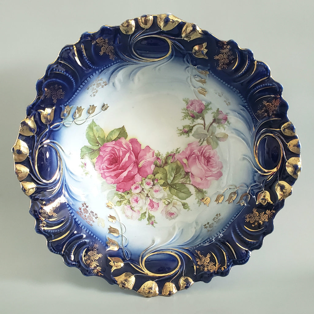Antique Porcelain 10 inch Cabinet Bowl - Ruffled Cobalt Blue Pink Roses Cascading Gold Tulips 