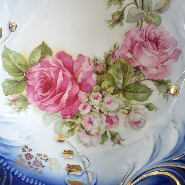 Antique Porcelain 10 inch Cabinet Bowl - Ruffled Cobalt Blue Roses Cascading Gold Tulips - Germany