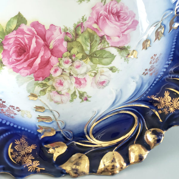 Antique Porcelain 10 inch Cabinet Bowl - Ruffled Cobalt Blue Roses Cascading Gold Tulips - Germany