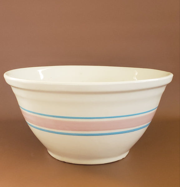 Large 12 inch Ovenware Art Pottery Mixing Bowl - Pink and Blue Bands - USA