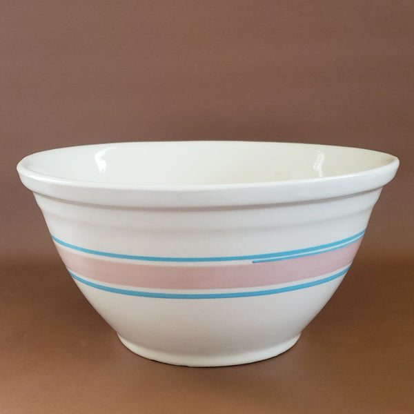 Large 12 inch Ovenware Art Pottery Mixing Bowl - Pink and Blue Bands - USA