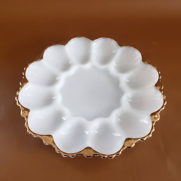 White 10" Milk Glass Deviled Egg Serving Dish with Gold Trim c. Mid-Century