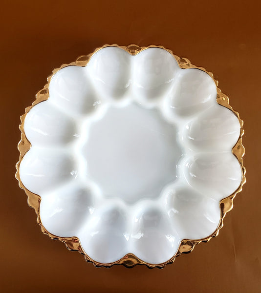 White Milk Glass Deviled Egg Serving Dish with Gold Trim c. Mid-Century