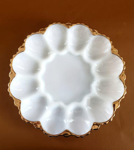 White Milk Glass Deviled Egg Serving Dish with Gold Trim c. Mid-Century
