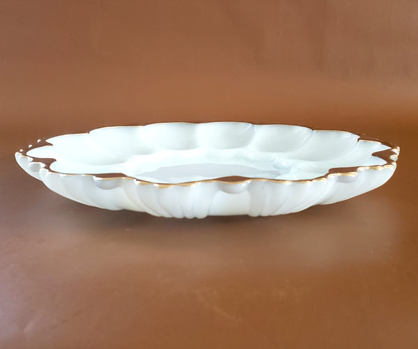 White 10" Milk Glass Deviled Egg Serving Dish with Gold Trim c. Mid-Century