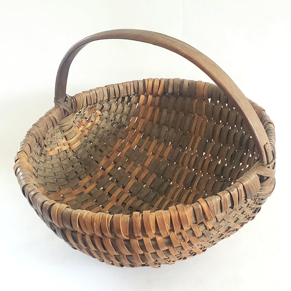 Antique Hand Woven Wood Splint Market Basket w/ Bentwood Handle