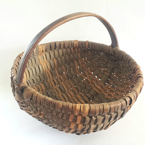 Antique Hand Woven Wood Splint Market Basket w/ Bentwood Handle