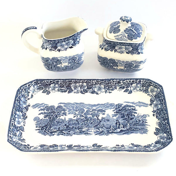 Enoch Wedgwood Blue Transferware "Woodland" Creamer Sugar & Serving Tray - England