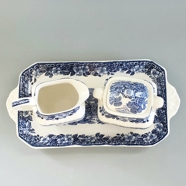 Enoch Wedgwood Blue Transferware "Woodland" Creamer Sugar & Serving Tray - England