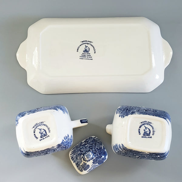 Enoch Wedgwood Blue Transferware "Woodland" Creamer Sugar & Serving Tray - England