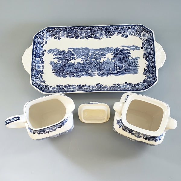 Enoch Wedgwood Blue Transferware "Woodland" Creamer Sugar & Serving Tray - England