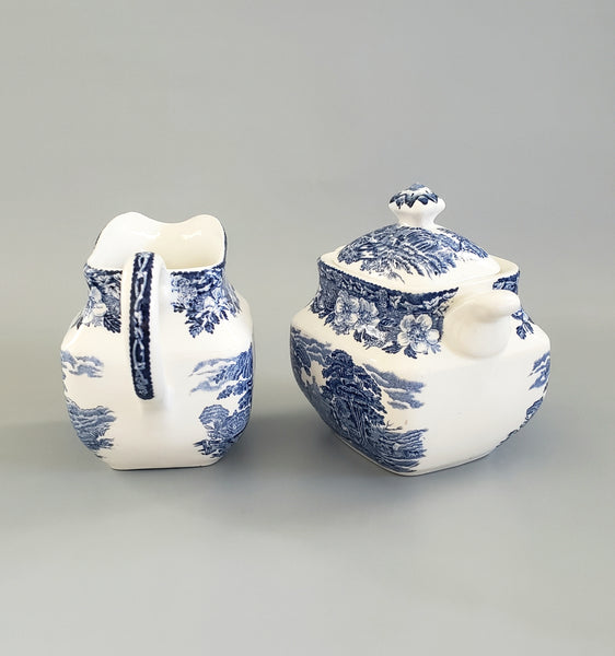 Enoch Wedgwood Blue Transferware "Woodland" Creamer Sugar & Serving Tray - England