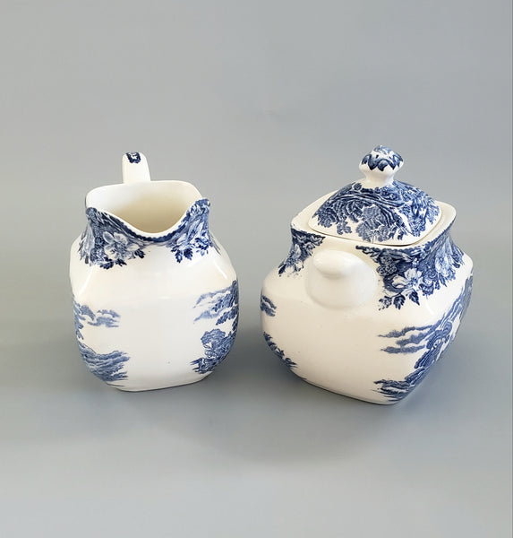 Enoch Wedgwood Blue Transferware "Woodland" Creamer Sugar & Serving Tray - England