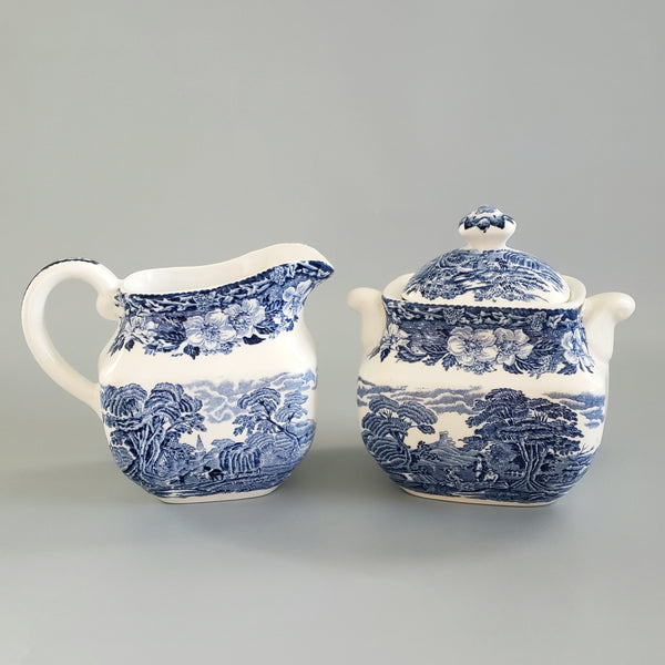 Enoch Wedgwood Blue Transferware "Woodland" Creamer Sugar & Serving Tray - England