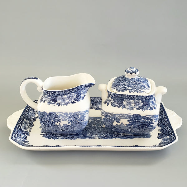 Enoch Wedgwood Blue Transferware "Woodland" Creamer Sugar & Serving Tray - England