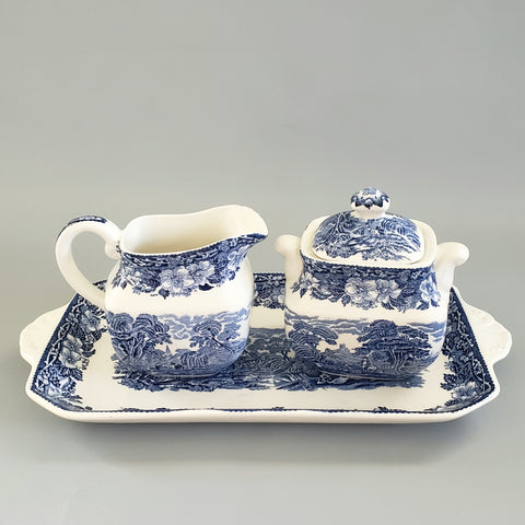 Enoch Wedgwood Blue Transferware "Woodland" Creamer Sugar & Serving Tray - England