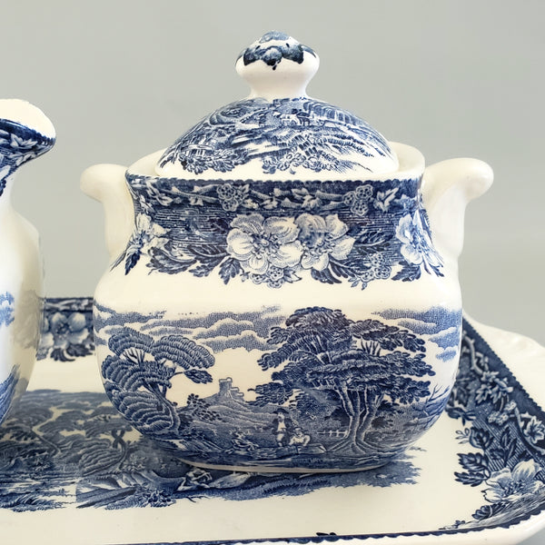Enoch Wedgwood Blue Transferware "Woodland" Creamer Sugar & Serving Tray - England