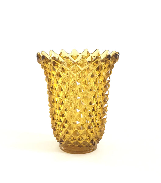 Imperial Glass Amber Cut Glass Vase Diamond Pattern Mid Century