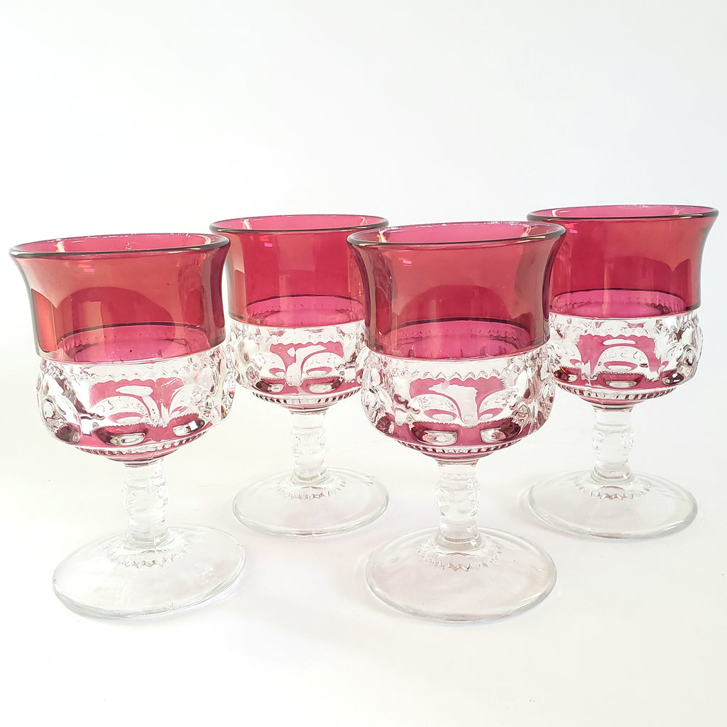 Kings Crown Thumbprint Cranberry Flashed Glass Stemmed Water Goblets - Set of 4